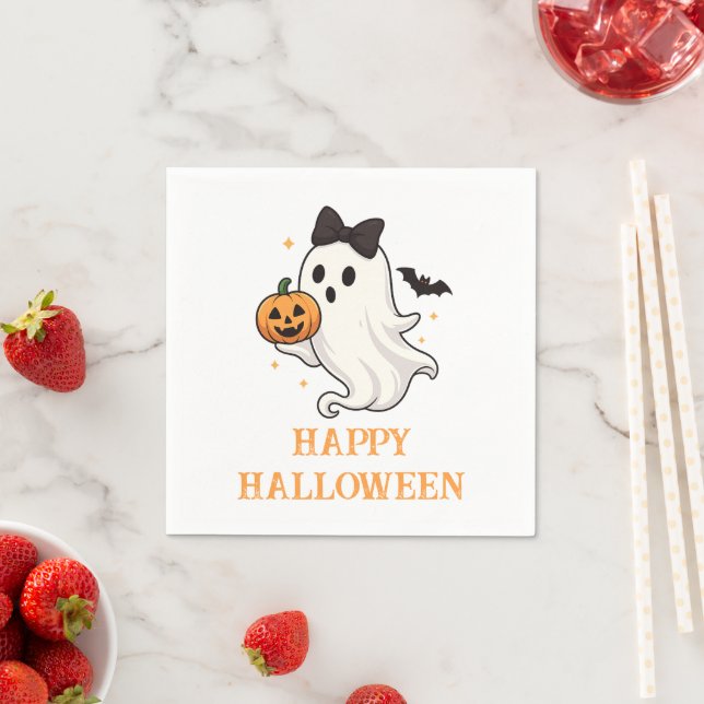 Cute Ghost with Bow and Pumpkin | Halloween  Napkin (Insitu)
