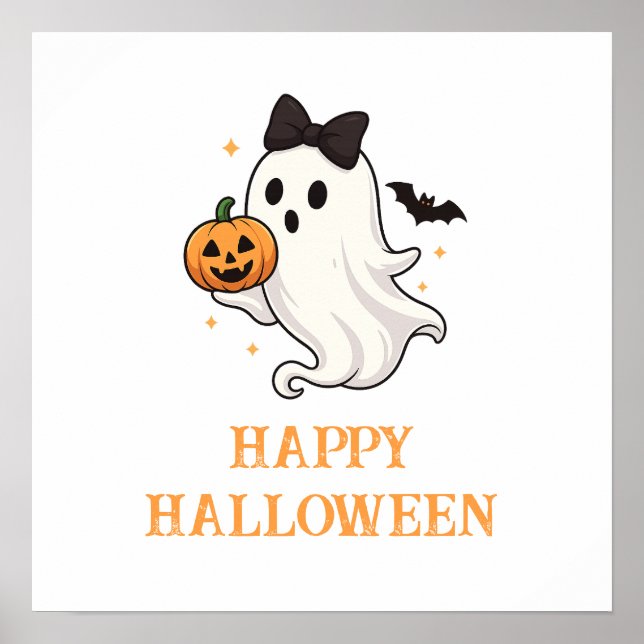 Cute Ghost with Bow and Pumpkin | Halloween  Poster (Front)
