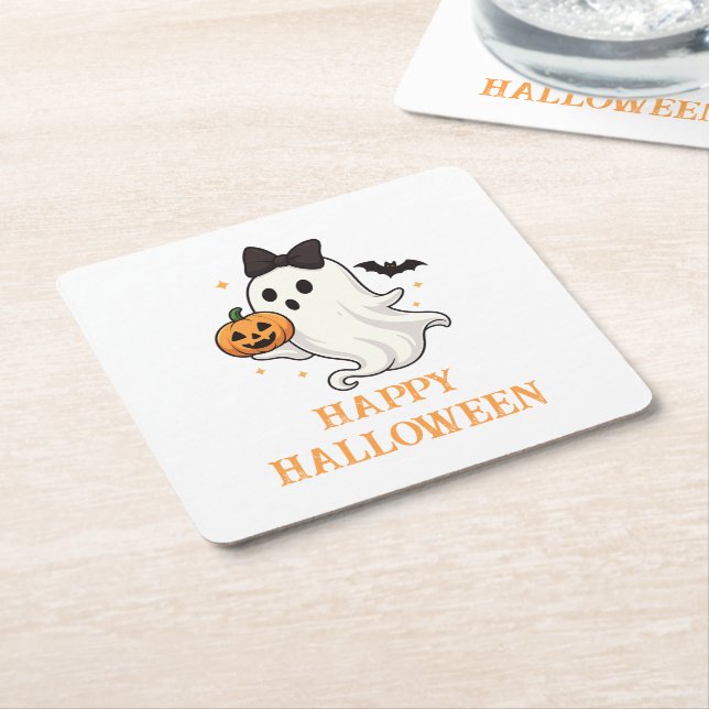 Cute Ghost with Bow and Pumpkin | Halloween  Square Paper Coaster (Angled)