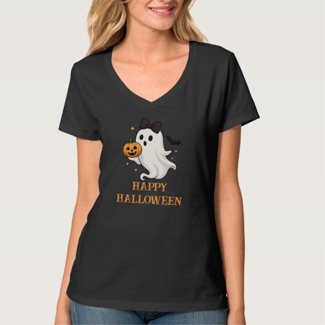 Cute Ghost with Bow and Pumpkin | Halloween  T-Shirt (Front)
