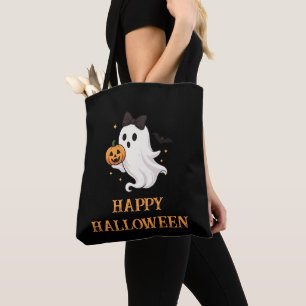 Cute Ghost with Bow and Pumpkin Halloween Tote Bag