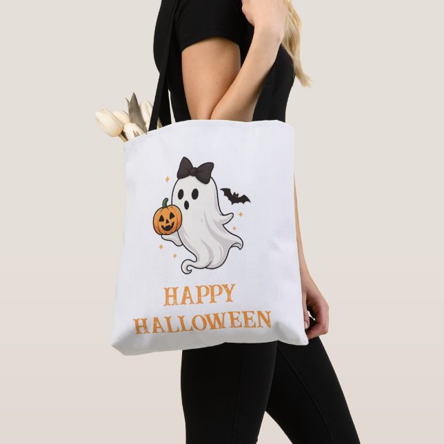 Cute Ghost with Bow and Pumpkin | Halloween  Tote Bag (Close Up)