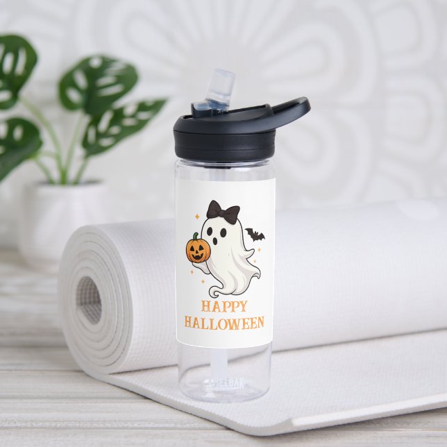 Cute Ghost with Bow and Pumpkin | Halloween  Water Bottle (Yoga (Rotated))