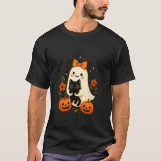 Cute Ghost with Bow Holding Cat Pumpkins Autumn Ha T-Shirt