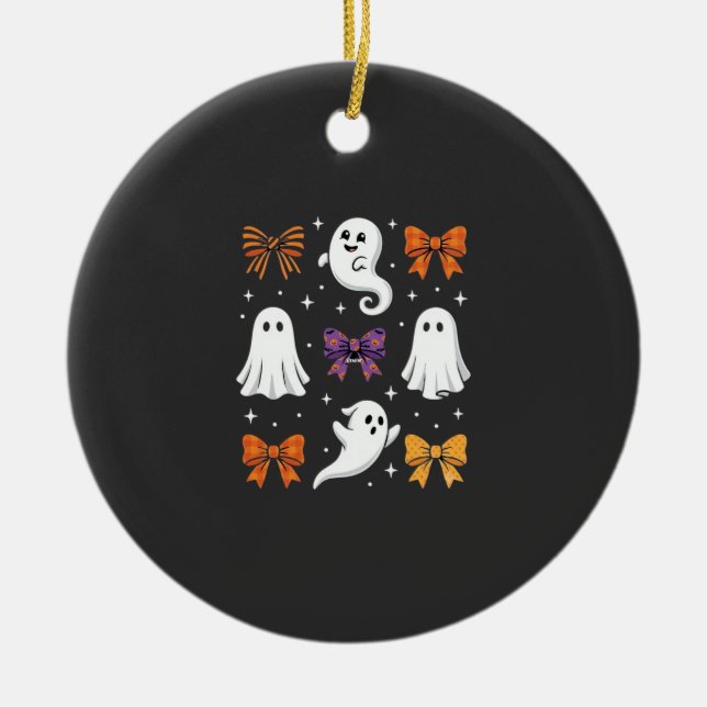 Cute Ghost with Bows Halloween Design_1 Ceramic Tree Decoration (Front)