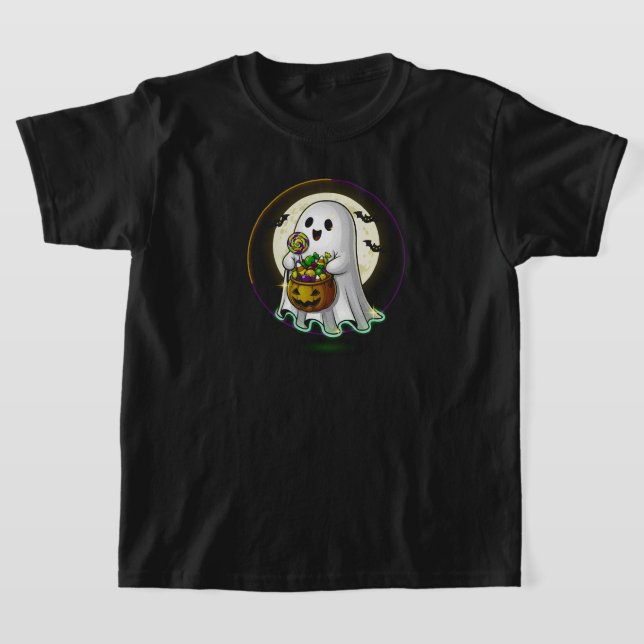 Cute Ghost with Candy and Bats | BLACK ONLY T-Shirt (Laydown)