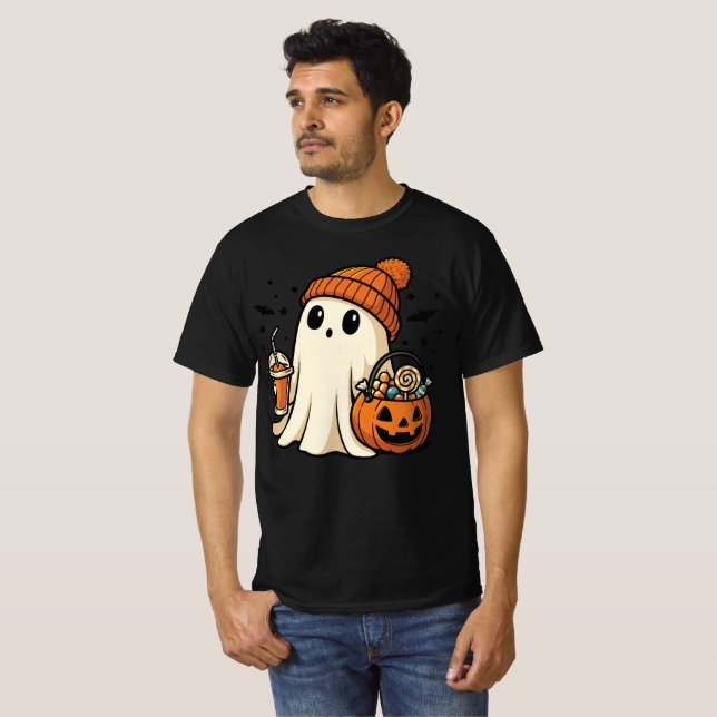 Cute Ghost with Candy & Pumpkin Drink T-Shirt (Front Full)