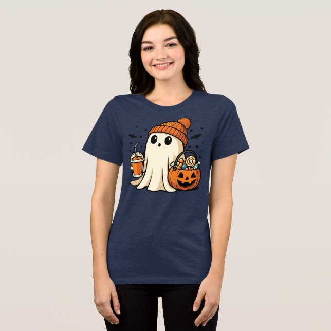 Cute Ghost with Candy & Pumpkin Drink Tri-Blend Shirt (Front Full)