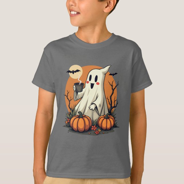 Cute Ghost with Coffee and Pumpkins Halloween T-Shirt (Front)