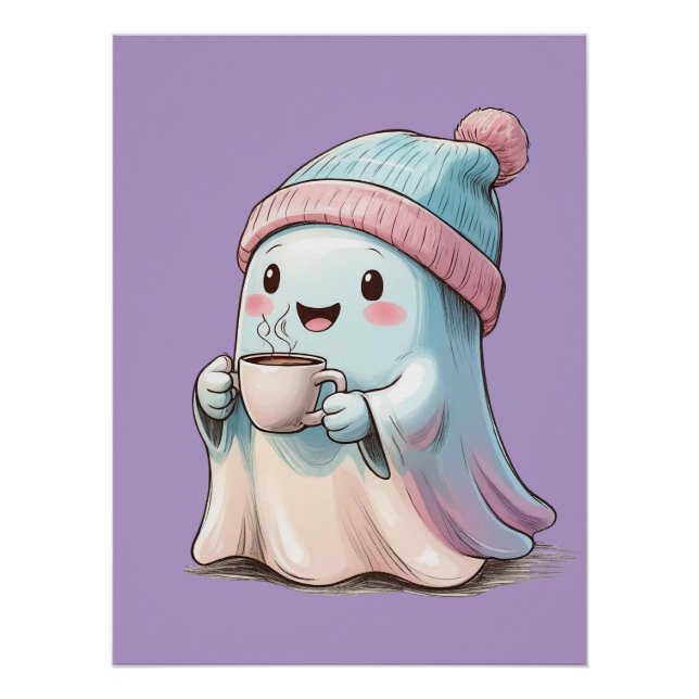 Cute Ghost with Coffee Poster (Front)