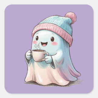 Cute Ghost with Coffee Square Sticker