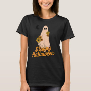 Cute Ghost With Floral Happy Halloween Womens Tren T-Shirt
