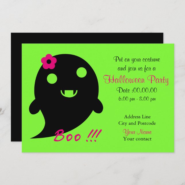 Cute  Ghost With Flower And Word "Boo" Invitation (Front/Back)