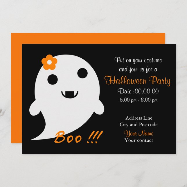Cute  Ghost With Flower And Word "Boo" Invitation (Front/Back)