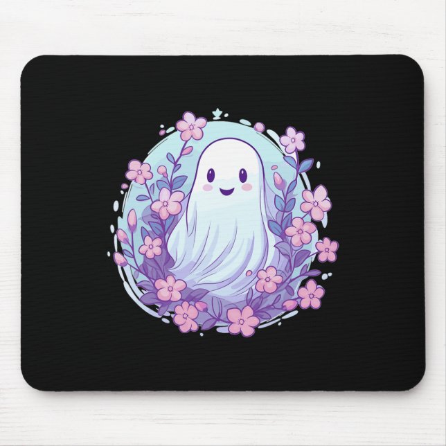Cute Ghost With Flowers I Kids Ghost  Mouse Pad (Front)