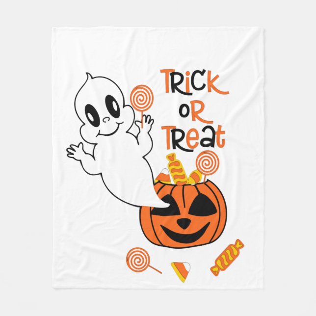 Cute ghost with halloween candy fleece blanket (Front)
