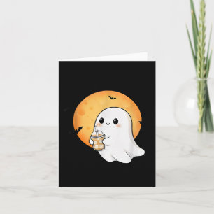 Cute Ghost With Iced Coffee Ice For Halloween Card