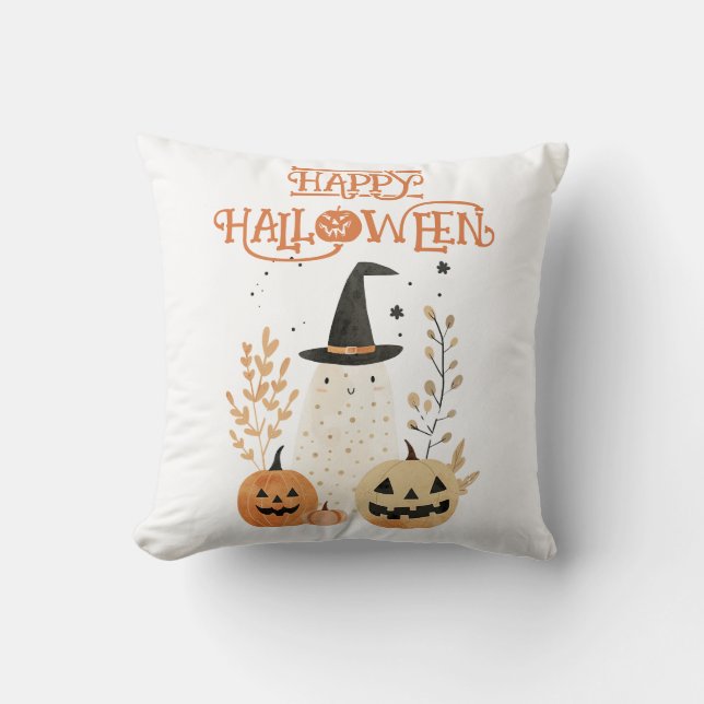 Cute Ghost with Jack--o-Lantern Pumpkins Halloween Cushion (Front)