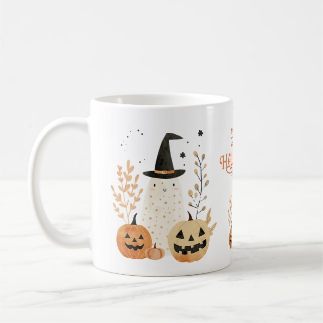 Cute Ghost with Jack--o-Lanterns Happy Halloween Coffee Mug (Left)