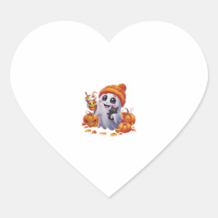 Cute Ghost with Kitten and Pumpkin Halloween Cat L Heart Sticker