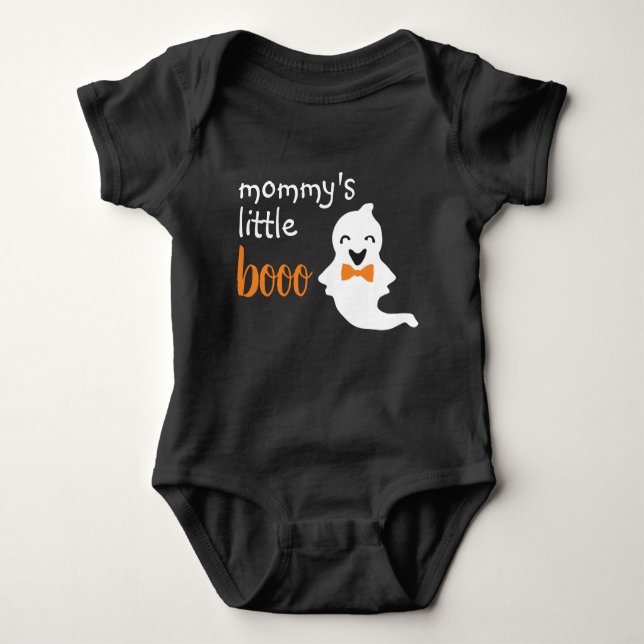 Cute Ghost With Orange Bow Tie Mummy's Little Boo Baby Bodysuit (Front)