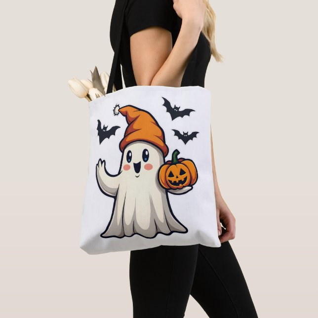 Cute Ghost with Orange Ice Cap Halloween Decor Tote Bag (Close Up)