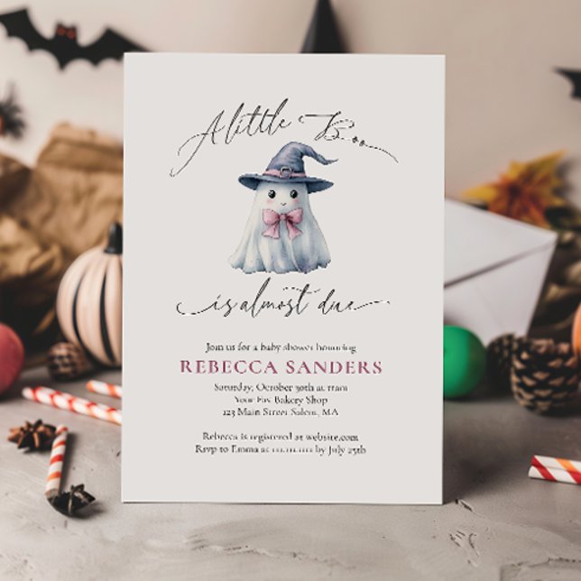 Cute Ghost with Pink Bow & Witch Hat Baby Shower Invitation (Creator Uploaded)