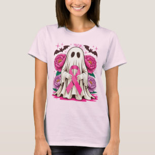 Cute Ghost with Pink Ribbon Flowers Breast Cancer T-Shirt