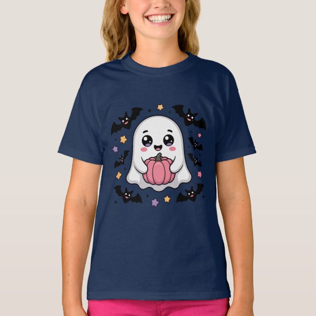Cute Ghost with Pumpkin and Bats  T-Shirt (Front)