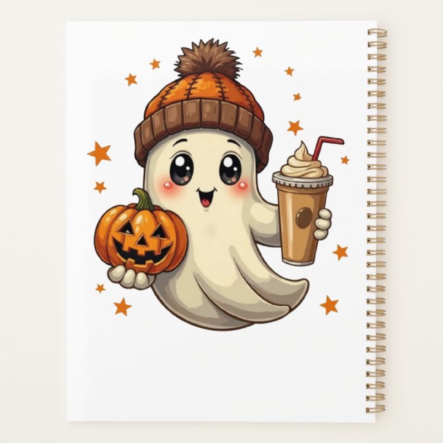 Cute Ghost with Pumpkin & Coffee Halloween Planner (Back)