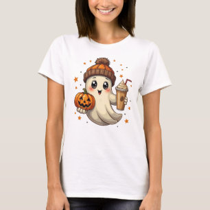 Cute Ghost with Pumpkin & Coffee Halloween T-Shirt