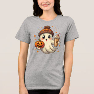 Cute Ghost with Pumpkin & Coffee Halloween T-Shirt Tri-Blend Shirt