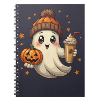 Cute Ghost with Pumpkin & Coffee Spiral Notebook