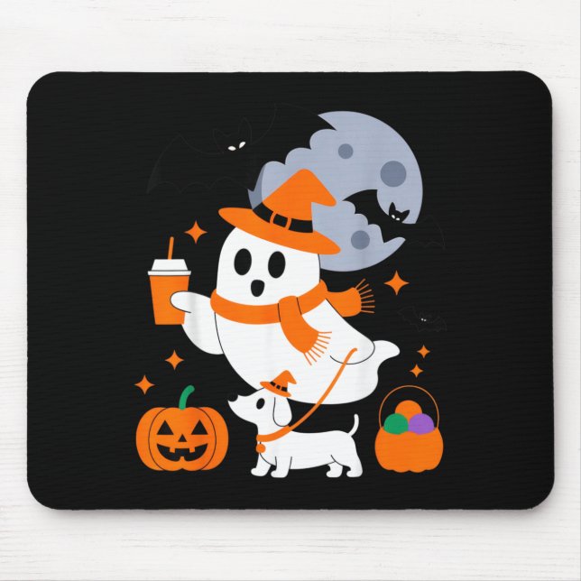 Cute Ghost With Pumpkin Dog For Halloween Fun Mouse Pad (Front)