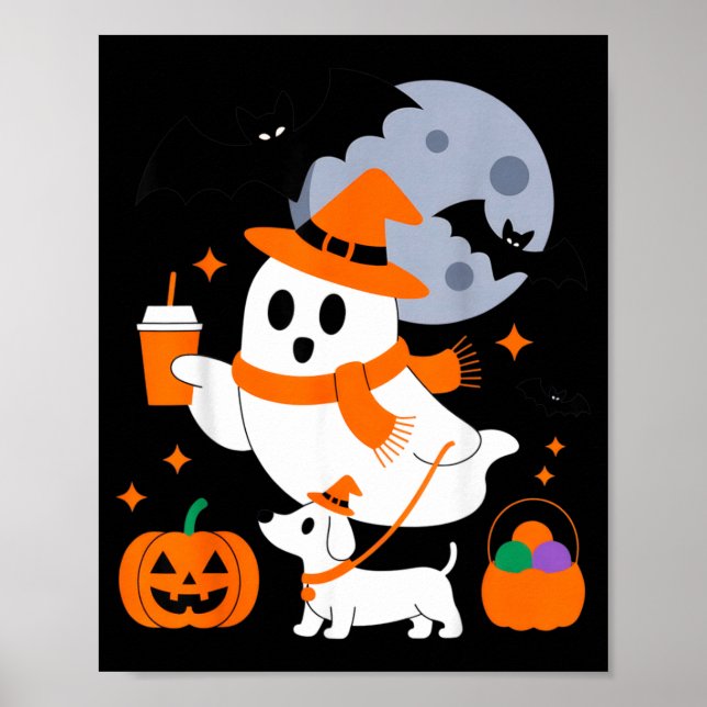 Cute Ghost With Pumpkin Dog For Halloween Fun Poster (Front)