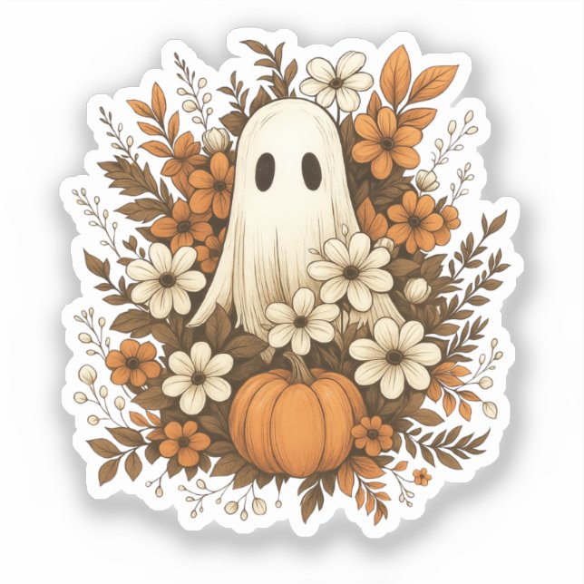 Cute Ghost With Pumpkin & Fall Flowers – Halloween (Front)