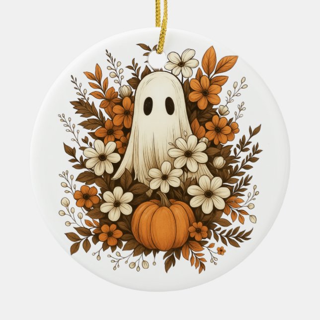 Cute Ghost With Pumpkin & Fall Flowers – Halloween Ceramic Tree Decoration (Front)