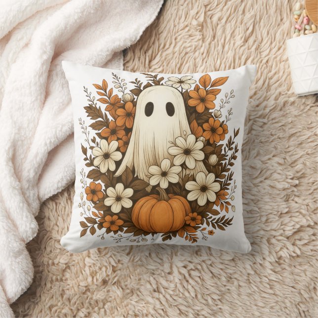 Cute Ghost With Pumpkin & Fall Flowers – Halloween Cushion (Blanket)