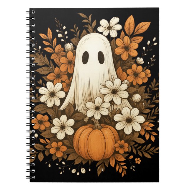 Cute Ghost With Pumpkin & Fall Flowers – Halloween Notebook (Front)