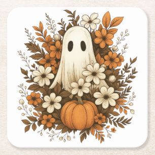 Cute Ghost With Pumpkin & Fall Flowers – Halloween Square Paper Coaster