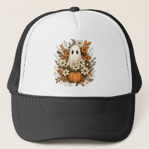 Cute Ghost With Pumpkin & Fall Flowers – Halloween Trucker Hat