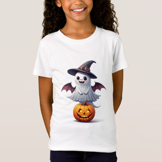 Cute Ghost With Pumpkin Halloween 👻 T-Shirt (Front)