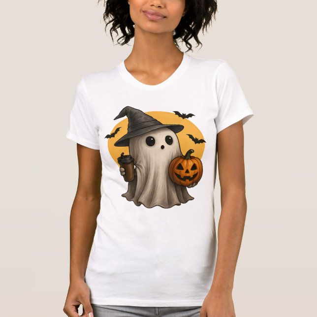 Cute Ghost with Pumpkin Halloween T-Shirt 👻 (Front)