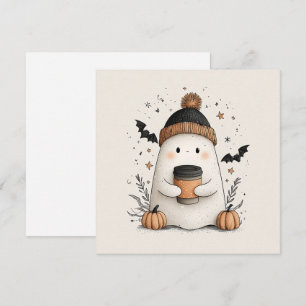 Cute Ghost with Pumpkin Latte – Cosy Autumn Hallow Holiday Card