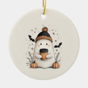 Cute Ghost with Pumpkin Latte – Cozy Autumn Hallow Ceramic Tree Decoration