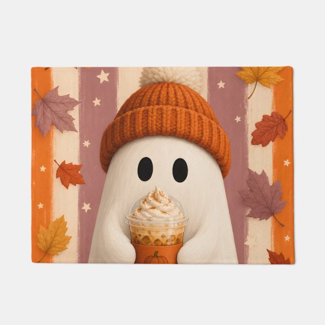 Cute Ghost with Pumpkin Spice Latte Doormat (Front)