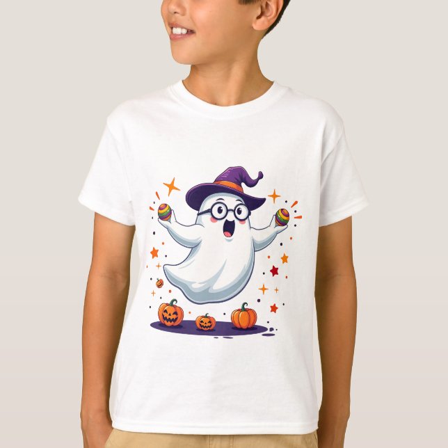 Cute Ghost with Pumpkins Halloween T-Shirt (Front)