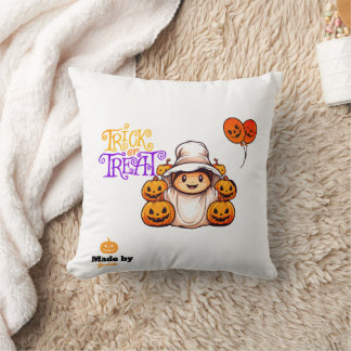 Cute Ghost with Pumpkins Trick or Treat Halloween  Cushion