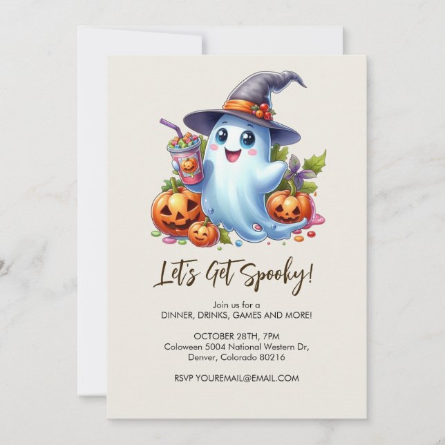 Cute Ghost with spooky drinks, Halloween Invitation (Front)