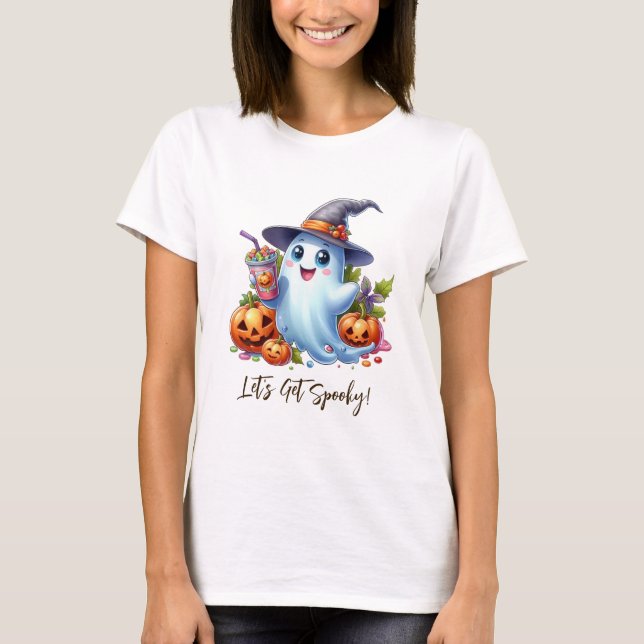 Cute Ghost with spooky drinks, Halloween T-Shirt (Front)